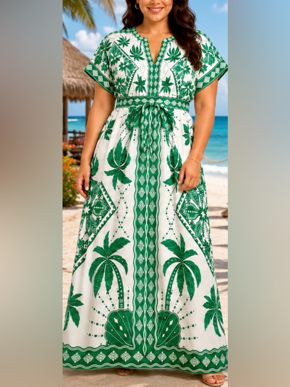 Green Palm Print Maxi Dress, Front Slits. L